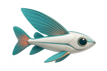 Futuristic robotic flying fish character with elegant turquoise and white body, golden accents, and orange tail fin. Isolated on transparent background