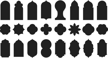 Ornamental silhouette shape set, black decorative elements, floral and frame motifs, vector design assets, symmetrical icons, graphic pattern collection, architecture style