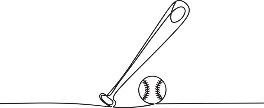 Continuous one line drawing of baseball bat and the ball. Simple Baseball bat line art vector illustration, Baseball bat and baseball ball icon. one line Icon drawing