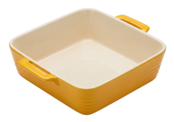 Isolated yellow ceramic square baking dish for cooking dinner preparation food service