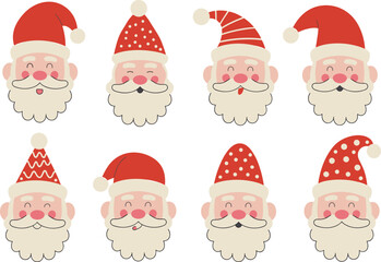 Santa Claus head illustration set, cartoon Christmas character, festive holiday icon, red hat design, winter decoration, cheerful vector, seasonal artwork