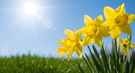 Fototapeta premium Bright yellow daffodils bloom in lush green grass under a sunny blue sky