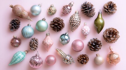 The flat layout showcases a series of brightly colored decorative Christmas ornaments, natural pine cones, and seasonal foliage, arranged against a soft background, leaving ample space for text.