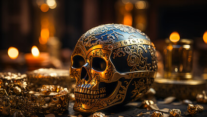 Golden Decorative Skull Centerpiece Surrounded by Candles and Jewelry at a Dimly Lit Setting