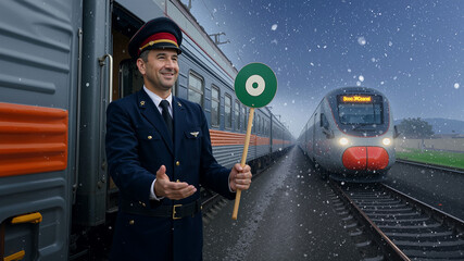 Young railway polish conductor in a formal navy-blue uniform standing on a train platform in winter conditions, with two modern electric trains in the background.