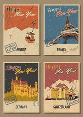 New Year Greeting Cards, European Countries Attractions Postcards Retro Illustrations. Austria Ski Resort Aerial Tramway, France Eiffel Tower, Germany Neuschwanstein, Switzerland Chateau de Chillon