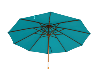 Isolated outdoor patio umbrella with wooden pole, teal canopy for summer backyard shading