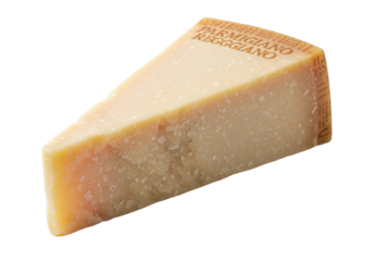 Isolated block of Italian parmigiano reggiano cheese, hard, granular, aged for cooking use