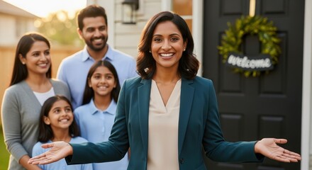 Fototapeta premium Confident Indian Female Realtor Welcoming Family to New Home