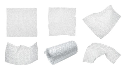 Multiple bubble wrap sheets and roll isolated on transparent background