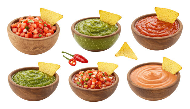 Assorted salsas and dips in wooden bowls with tortilla chips and chili pepper, isolated on transparent background