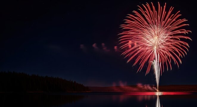 Fireworks display reflecting on water at night celebrating Canada Day  