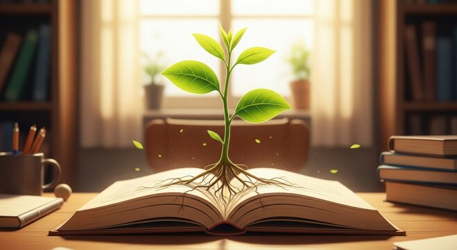 Learning Growth Illustration – Young plant sprouting from book, symbolizing intellectual growth
