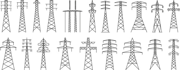 Electric transmission tower set, power line structures, utility pole silhouettes, energy grid design, high voltage pylons, infrastructure vector, engineering illustration