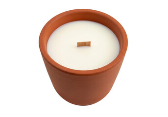 Isolated candle in terracotta pot with wooden wick for aromatherapy and spa relaxation