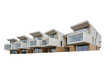 Isolated row of modern cube-style houses, clean lines, flat roof and wood siding exterior