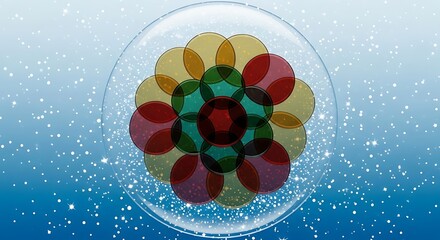 Snow globe with colorful geometric flower shape inside abstract winter illustration