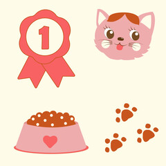 Set, pets, paw print, food bowl, medal, cute cat, first place, winner, pet