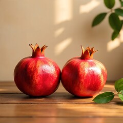 Two Whole Pomegranates on Wooden Table with Green Leaves
