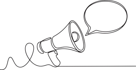 Continuous single line sketch drawing of megaphone speaker with bubble chat. One line art of sound tool equipment vector illustration. one line Icon drawing © firoz