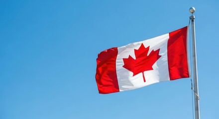 Canada flag waving against a clear blue sky for Canada Day  