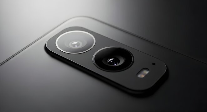 Slim smartphone camera module close-up, abstract minimalist style.