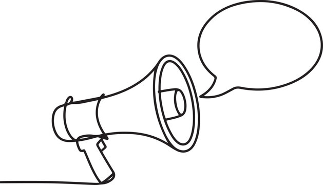 Continuous single line sketch drawing of megaphone speaker with bubble chat. One line art of sound tool equipment vector illustration. one line Icon drawing