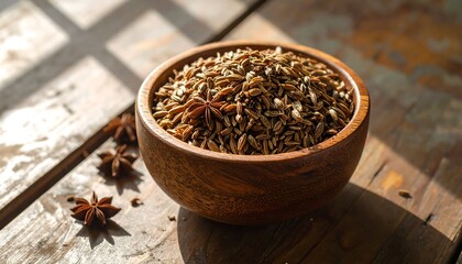 Wooden bowl filled with star anise and seeds