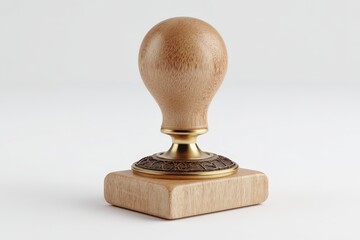 A 3D render of a classic rubber stamp with a wooden handle. Standing upright, isolated on a plain white background. Concept of approval, authority, certification, and office work.