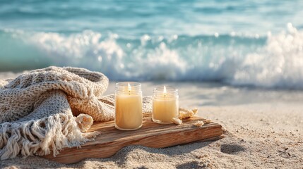 Lit candles on a wood plank with a blanket, seashells, and ocean waves in the background