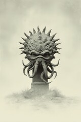 Ancient eldritch monument with tentacled deity sculpted in weathered stone for dark mythic lore