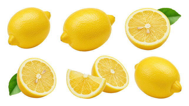 Whole and sliced lemons with seeds and green leaves on transparent background