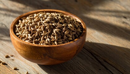 Wooden bowl of grain with sunlight