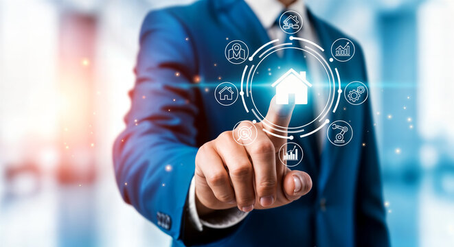Businessman interacting with smart home system interface, managing property technology and digital real estate