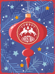 Cowboy Christmas vintage card with ornament Western Holiday ball decoration vector illustration on old paper texture