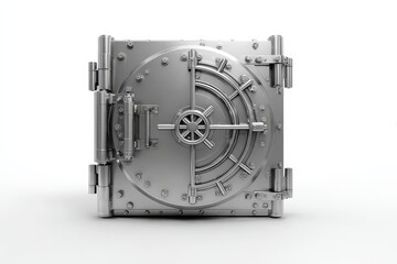 A 3D render of a heavy steel bank vault door, closed. Isolated on a plain white background. Concept of high security, banking, and asset protection.