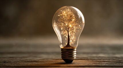 Great good idea bulb with a glowing tree inside, symbolizing eco innovative thinking and creative inspiration. Concept of growth and knowledge. Environmental ecological agenda.
