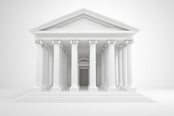 A 3D render of a minimalist white bank building icon with classical columns. Isolated on a plain white background. Concept of finance, banking, institution, and economy.