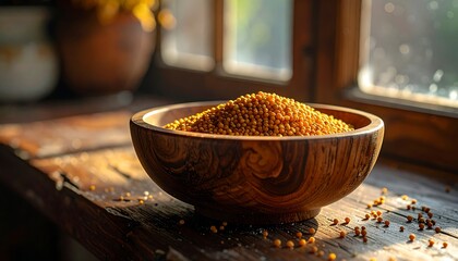 Wooden bowl of grains on rustic surface