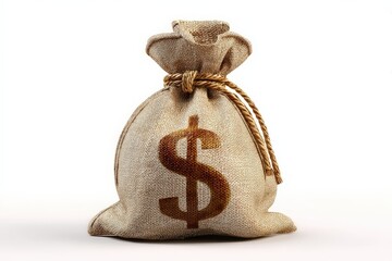 A 3D render of a money bag with a dollar sign on it. Isolated on a plain white background. Concept of wealth, cash, and savings.