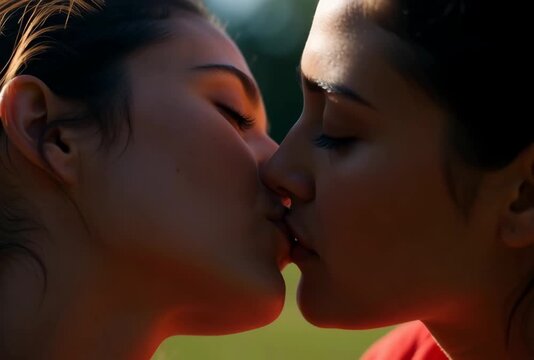 Close-up shot of two stunning women embracing with a gentle kiss, bathed in the warmth of natural light and set against a beautifully blurred backdrop of nature and green grass.