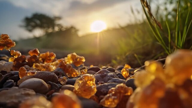 Amber crystals glimmer on a pebbly ground as the golden sun rises in the background, casting warm light across the glistening stones. The mixture of colors and textures captivates