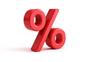A 3D render of a red percent sign (%). Isolated on a plain white background. Symbol of discount, sale offer, interest rate, and finance.