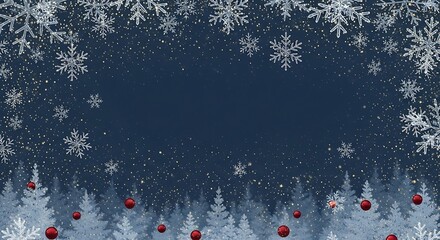 Winter wonderland Christmas background with snowflakes trees and festive ornaments