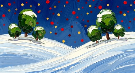 Winter Wonderland Painting with Snow Covered Hills and Abstract Sky Design