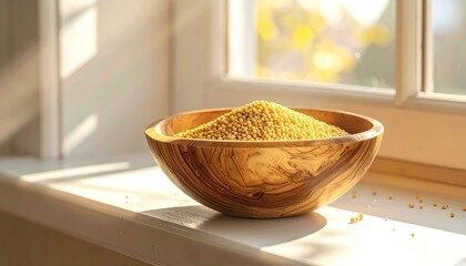 Wooden bowl of grains on windowsill