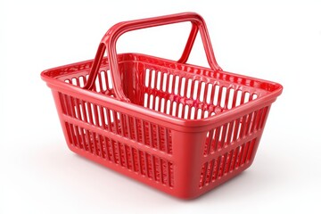 A 3D render of an empty red shopping basket. Isolated on a plain white background. Concept of retail, supermarket, and consumerism.