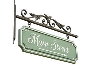 Isolated ornamental Main Street sign direction marker points way forward in town or village