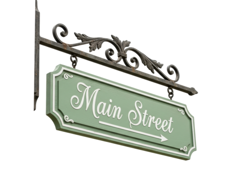 Isolated ornamental Main Street sign direction marker points way forward in town or village