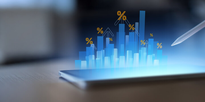Financial Growth and Rising Interest Rates Visualization on Digital Tablet.